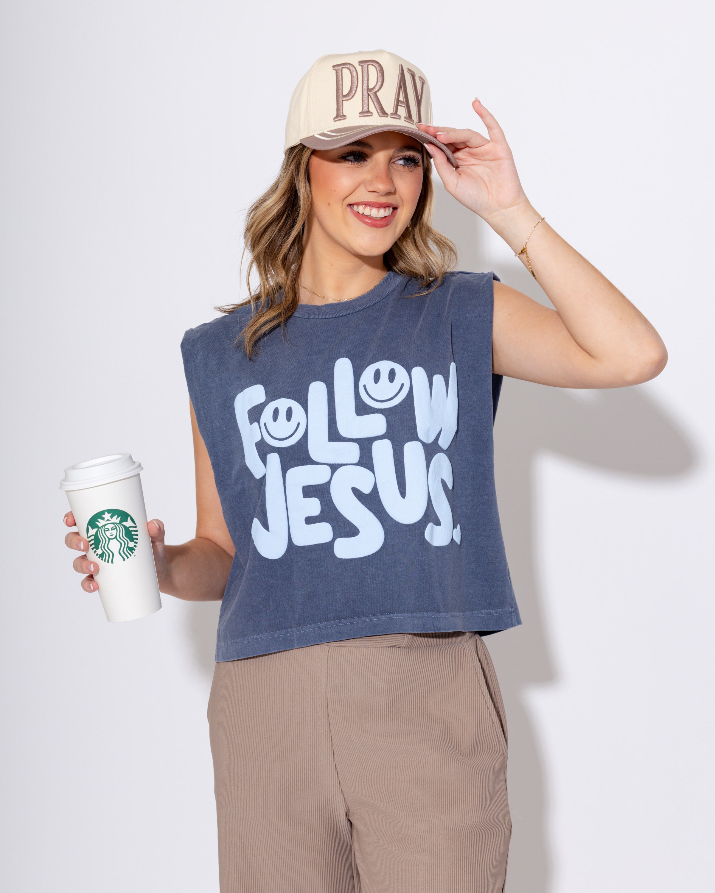 Smiley Follow Jesus Puff Tank