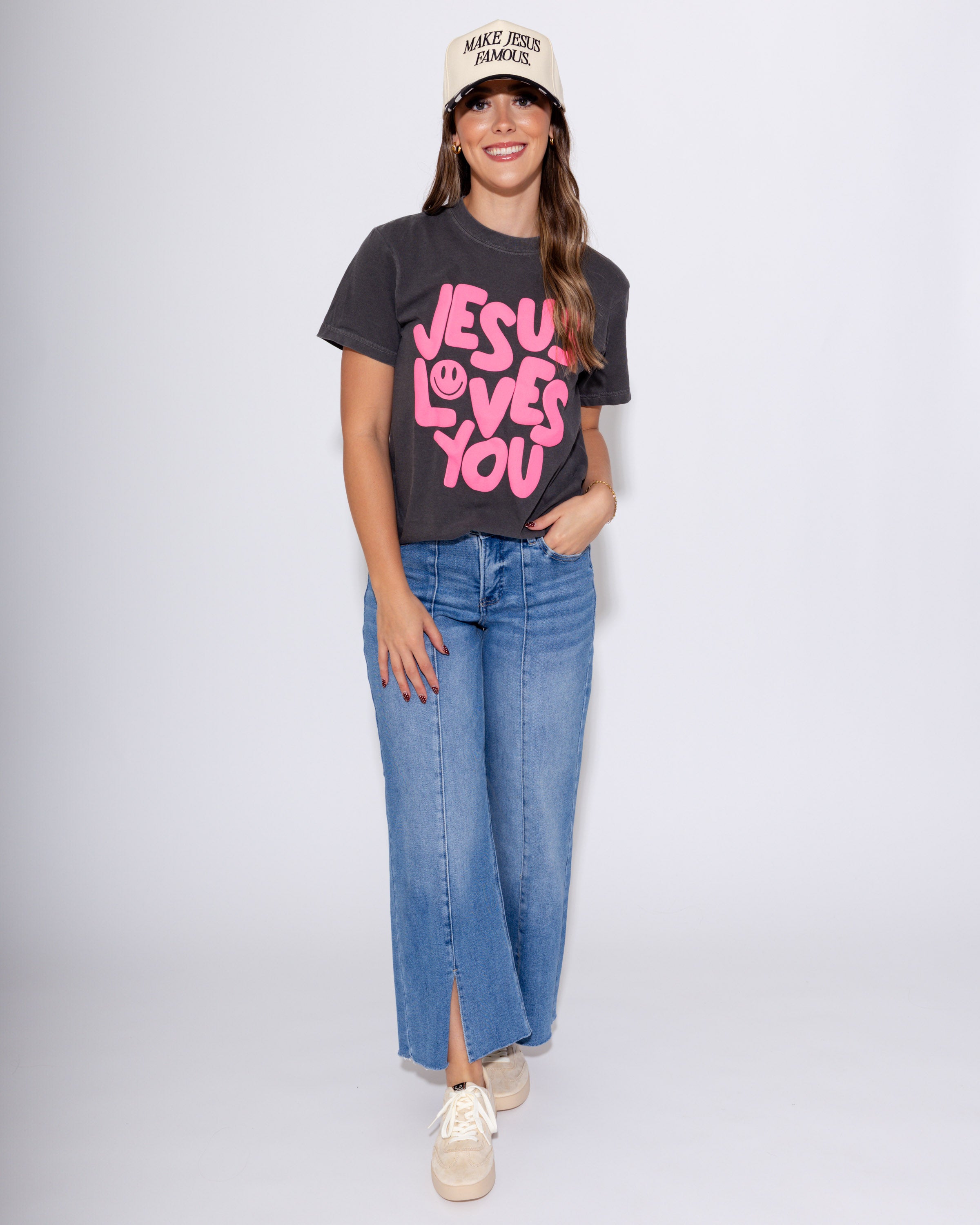 Smiley Jesus Loves You Puff Tee