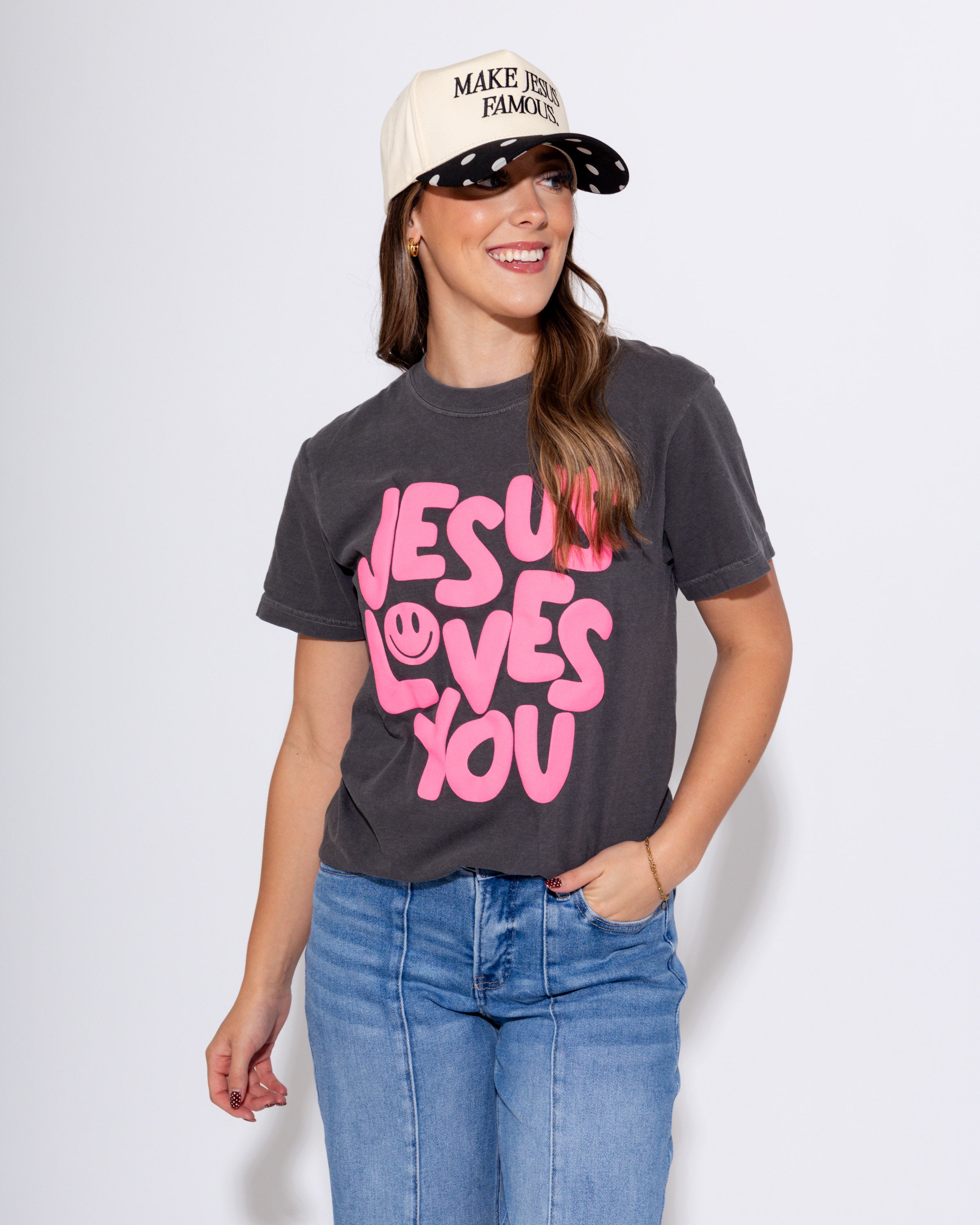 Smiley Jesus Loves You Puff Tee