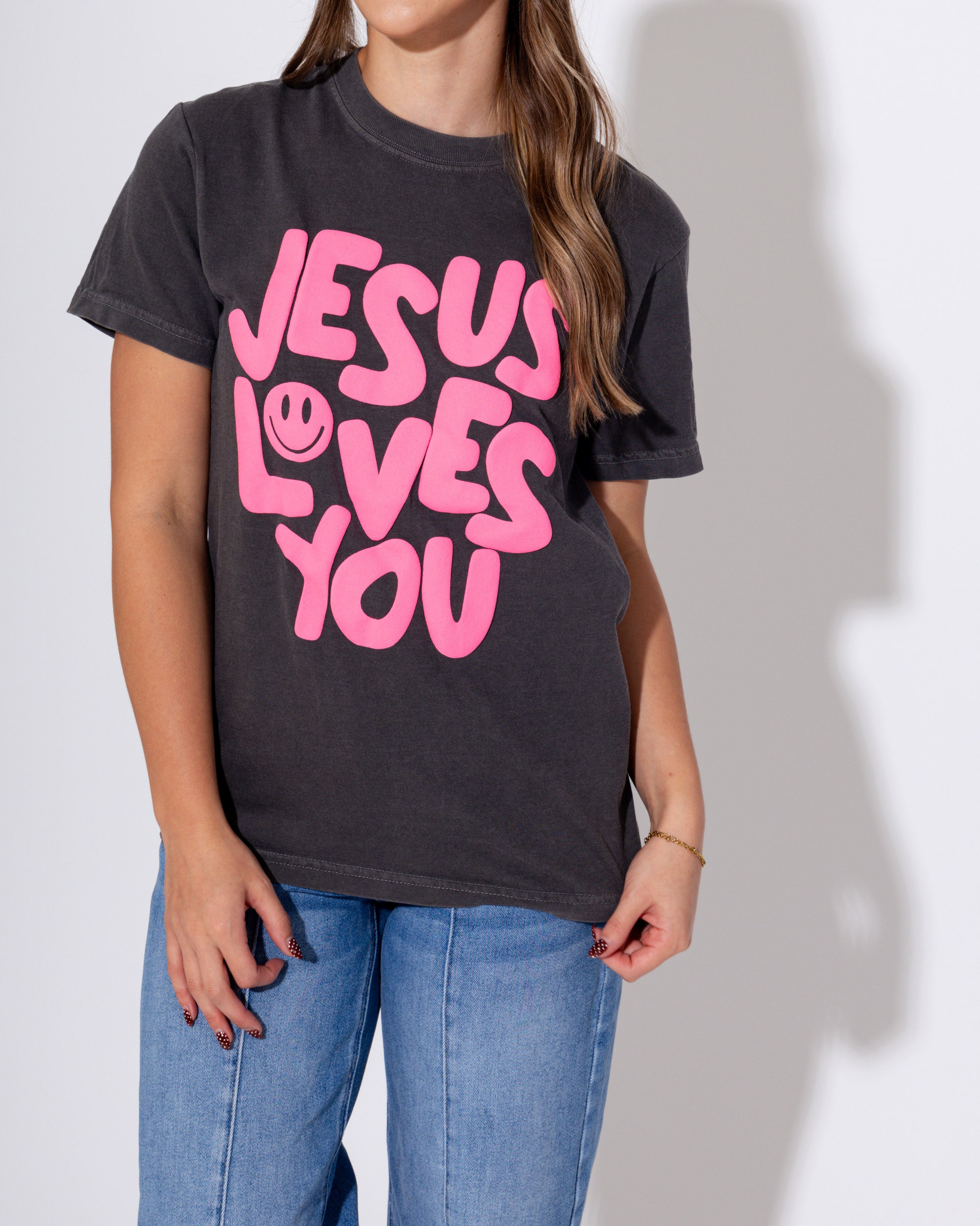 Smiley Jesus Loves You Puff Tee