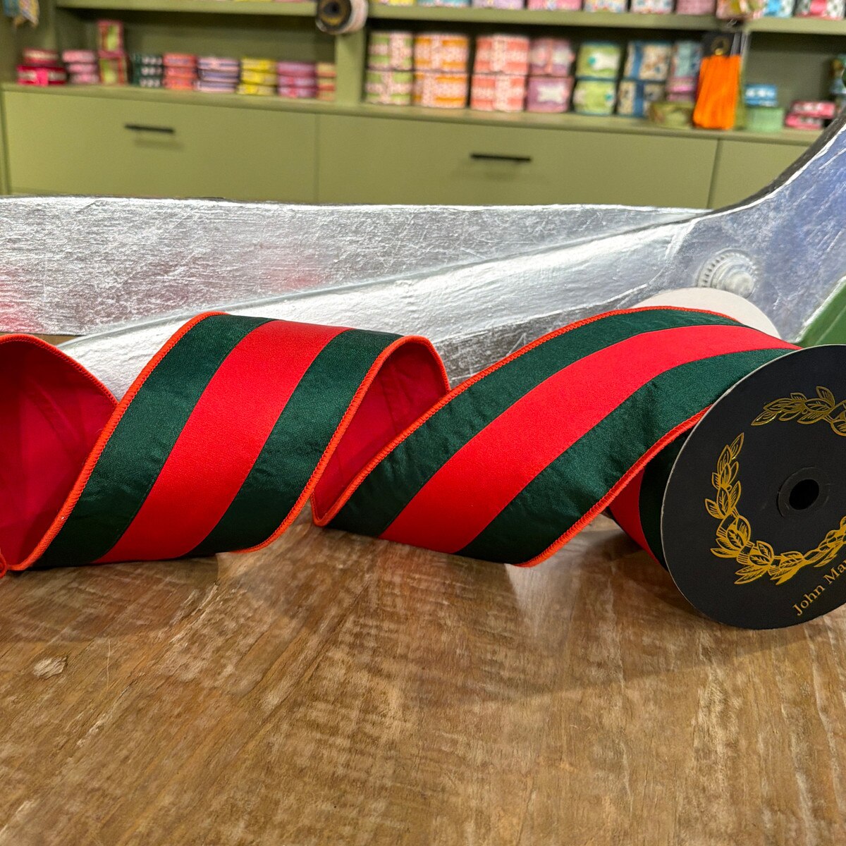 Satin Stripe DBL Fused Green/Red Ribbon