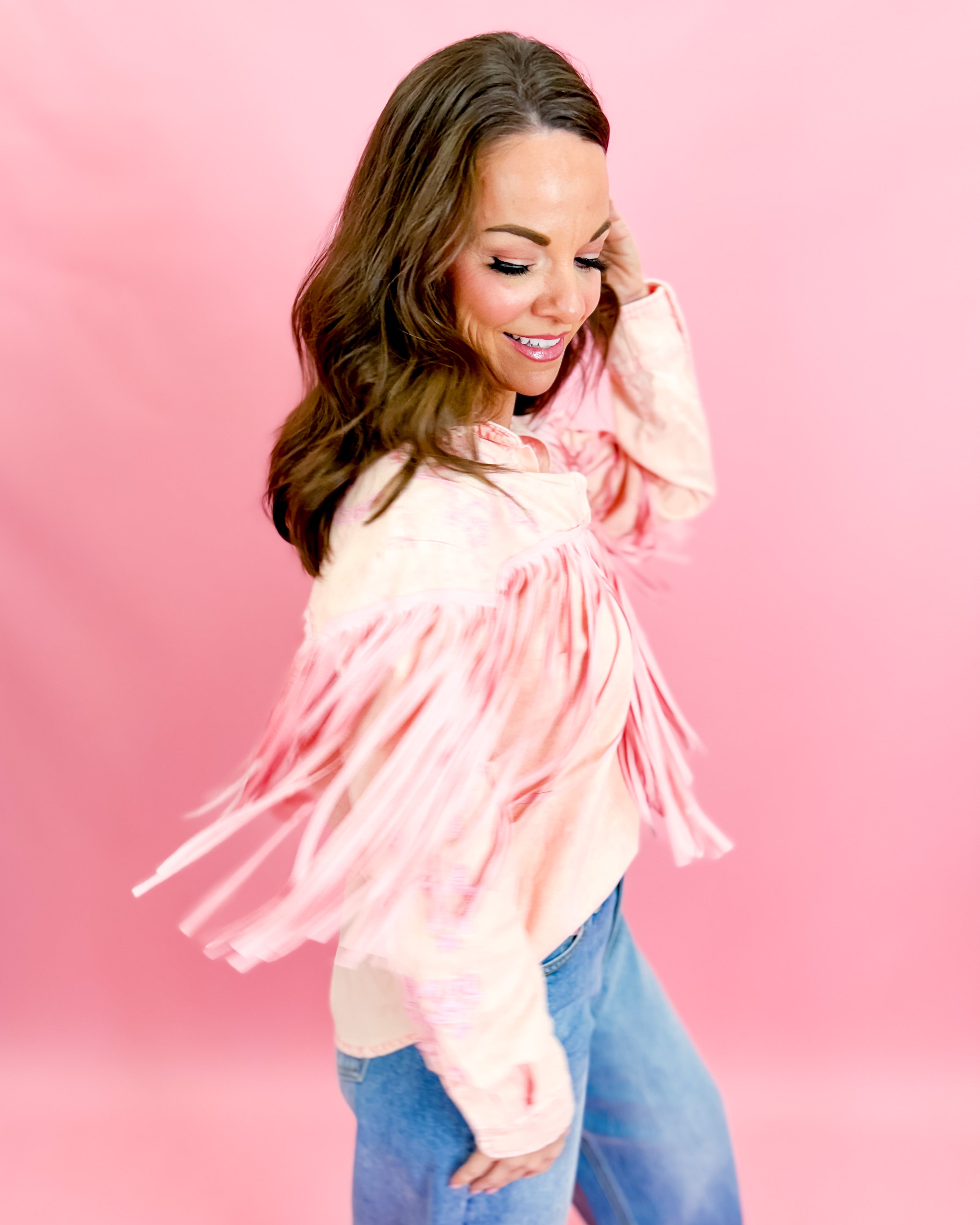 Embroidered Suede Fringe Button Up Shirt