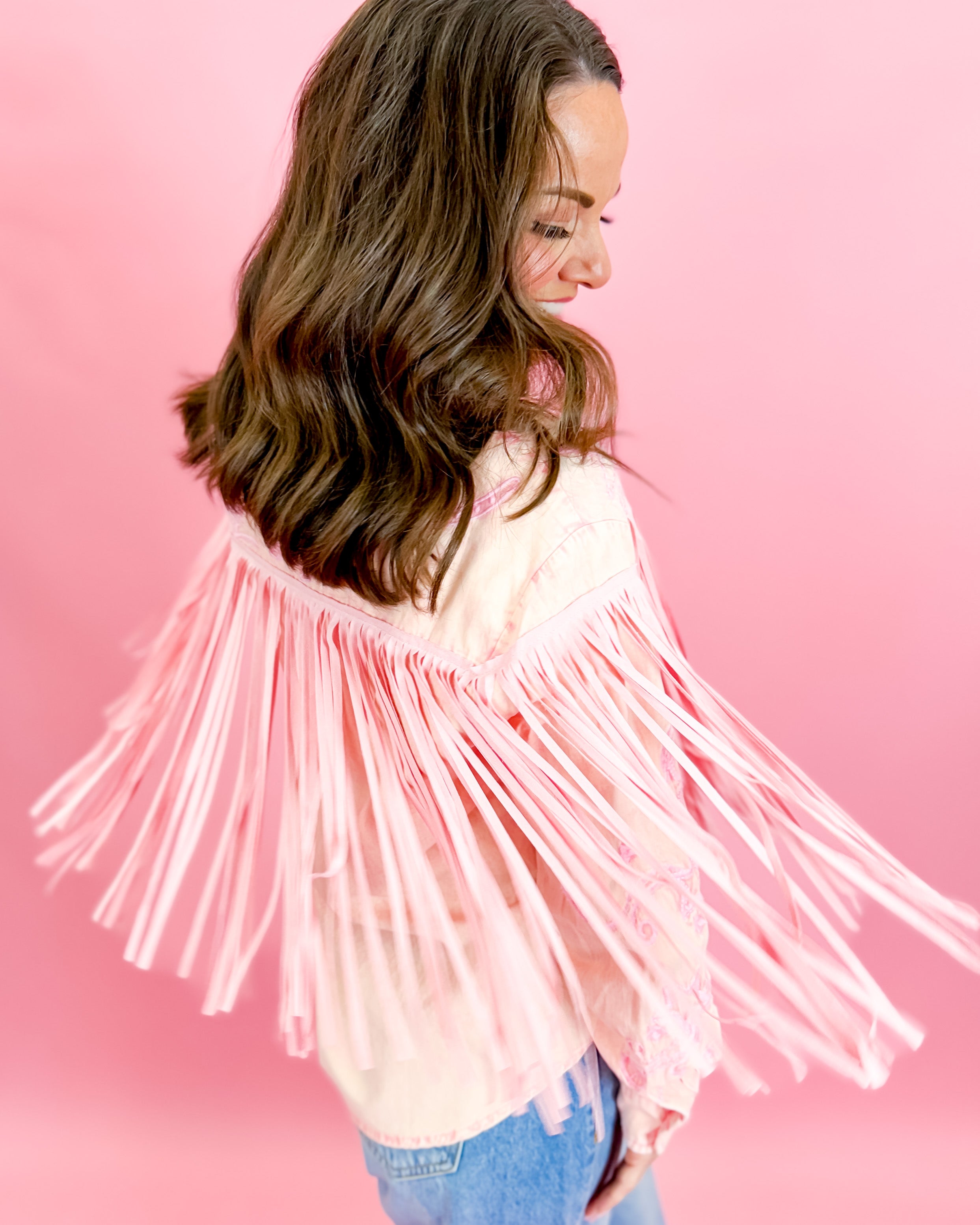 Embroidered Suede Fringe Button Up Shirt