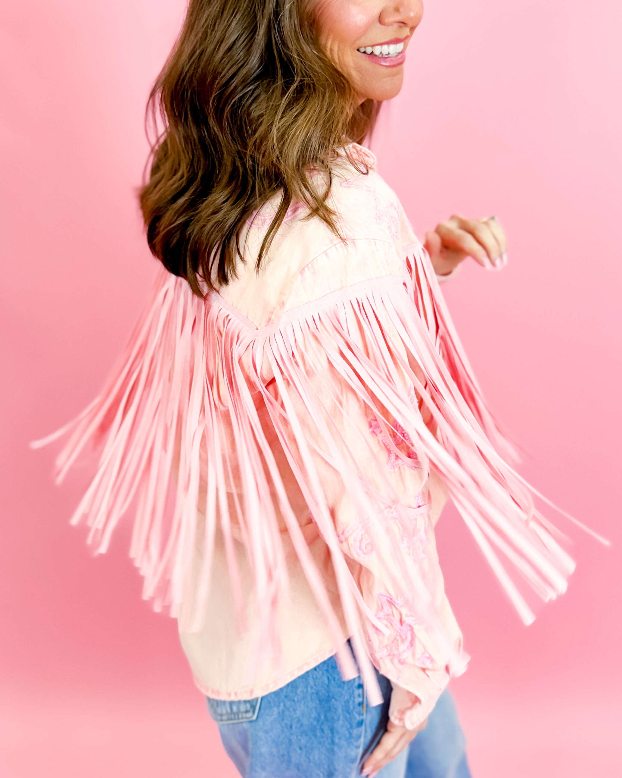 Embroidered Suede Fringe Button Up Shirt