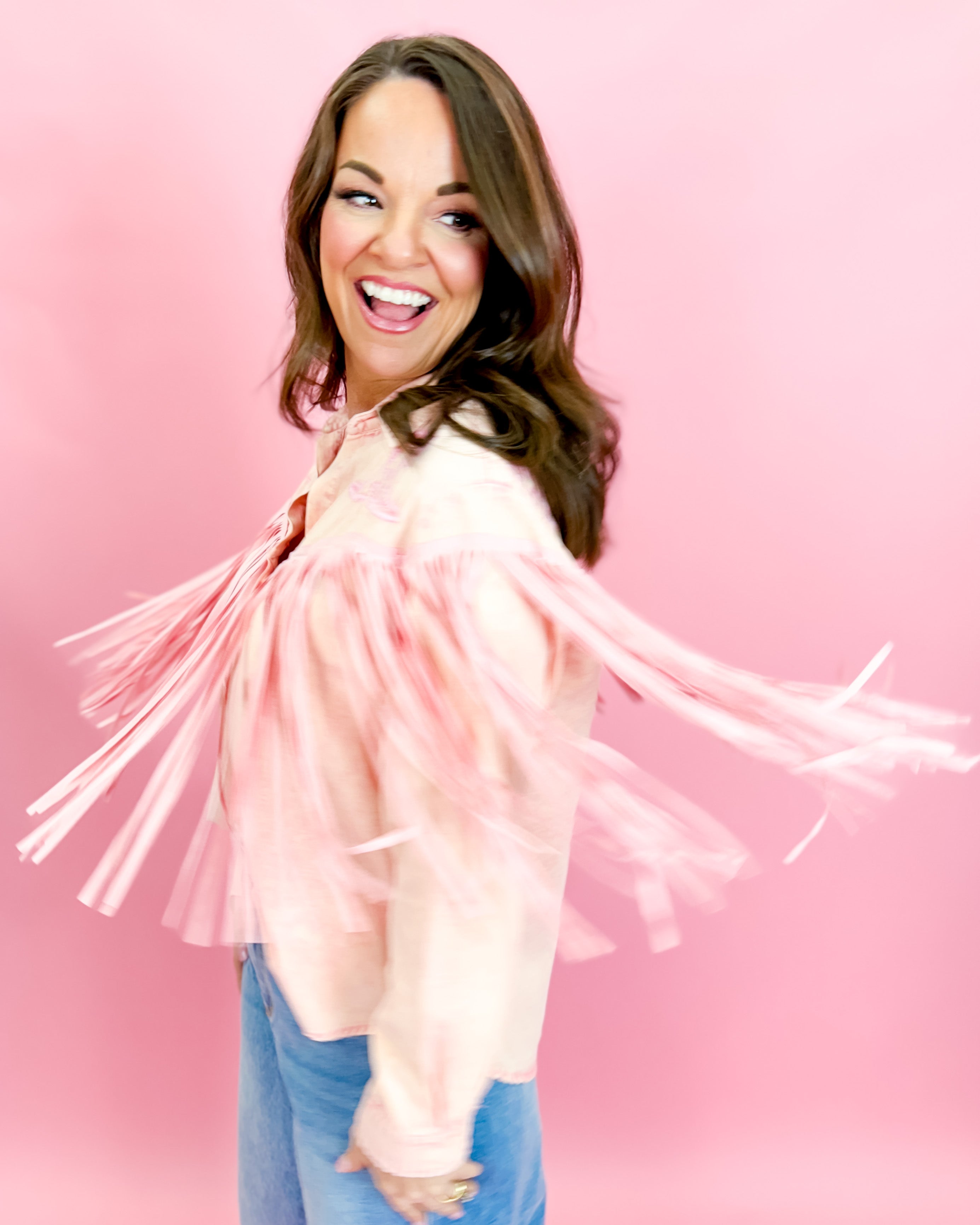 Embroidered Suede Fringe Button Up Shirt