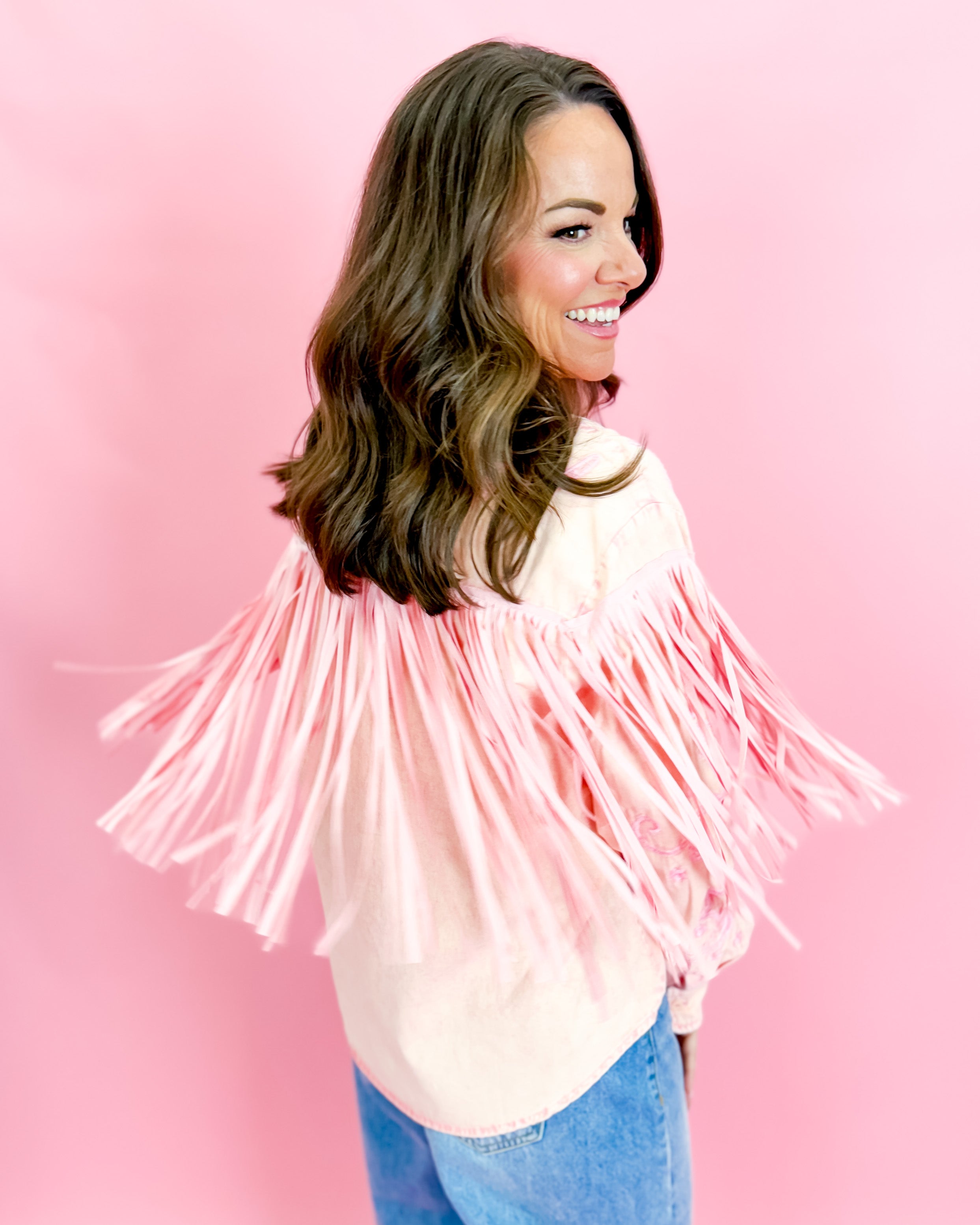 Embroidered Suede Fringe Button Up Shirt