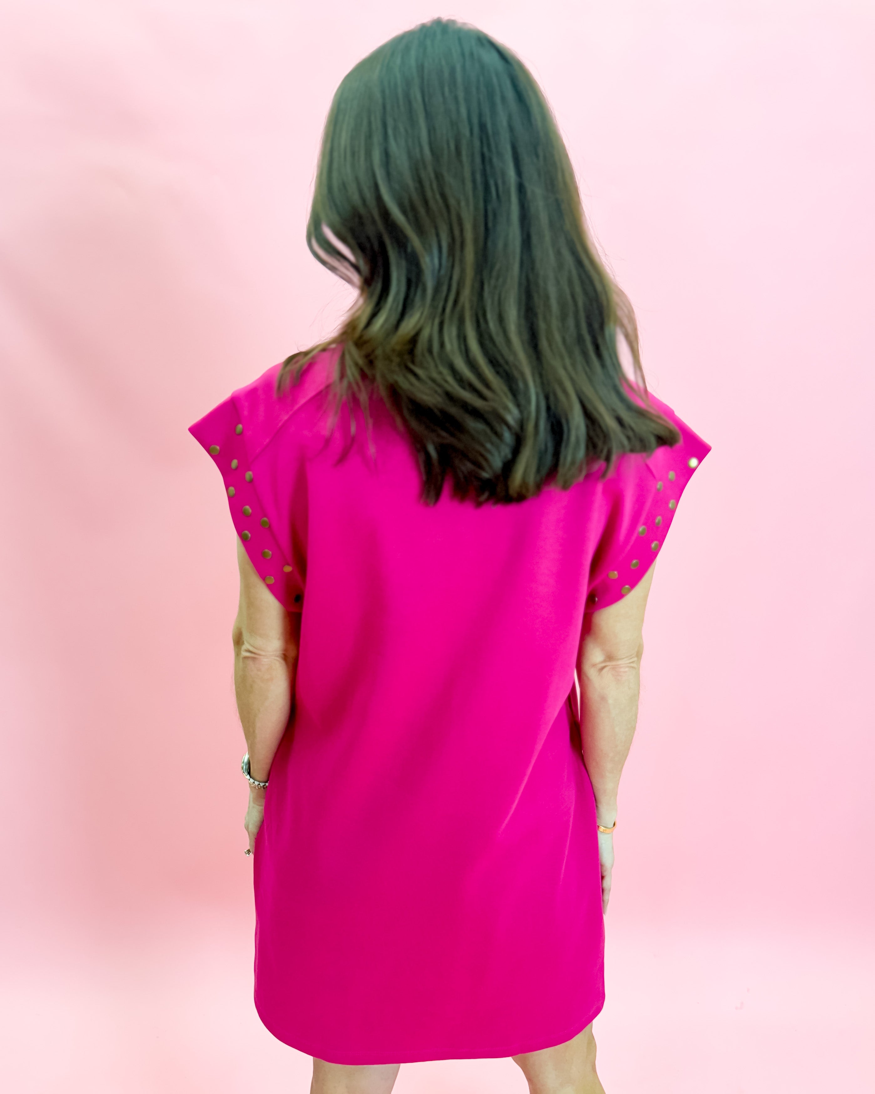 Short Sleeve Fuchsia Dress with Stud Detail