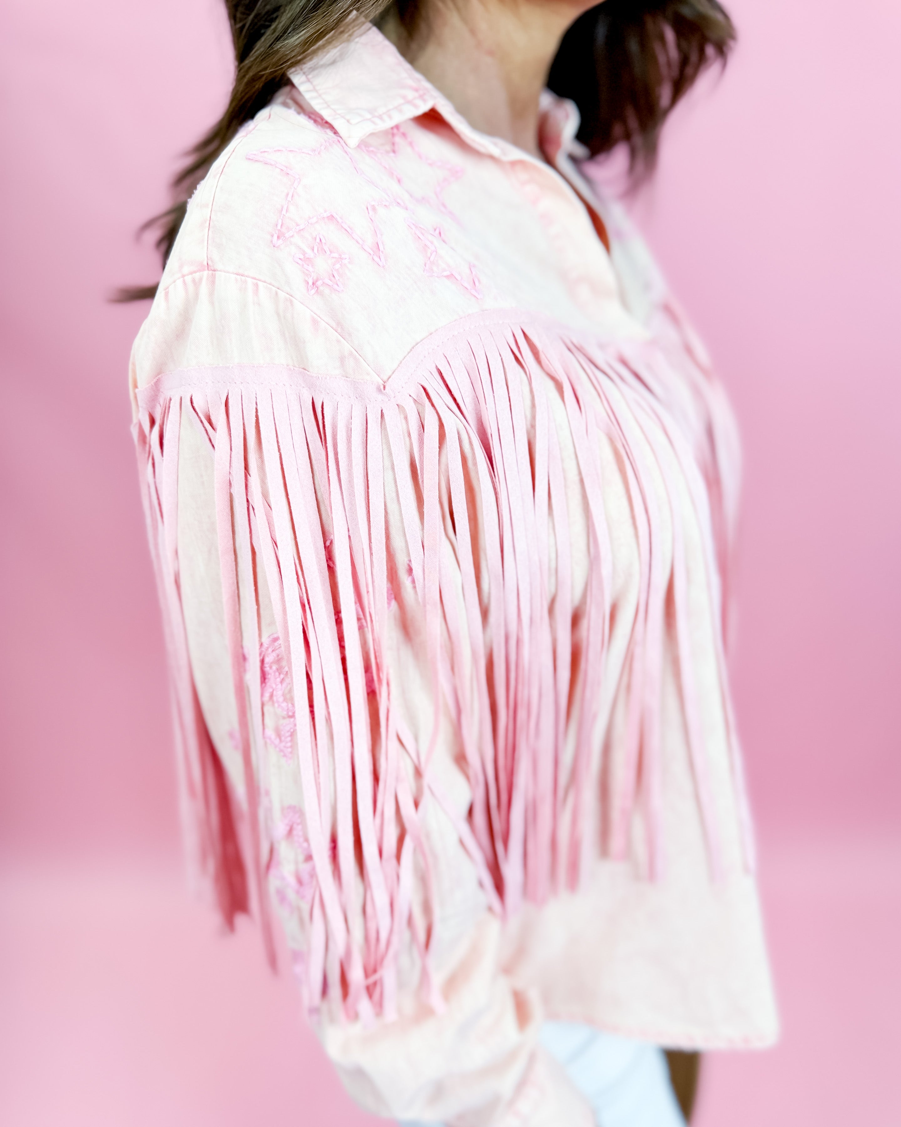 Embroidered Suede Fringe Button Up Shirt