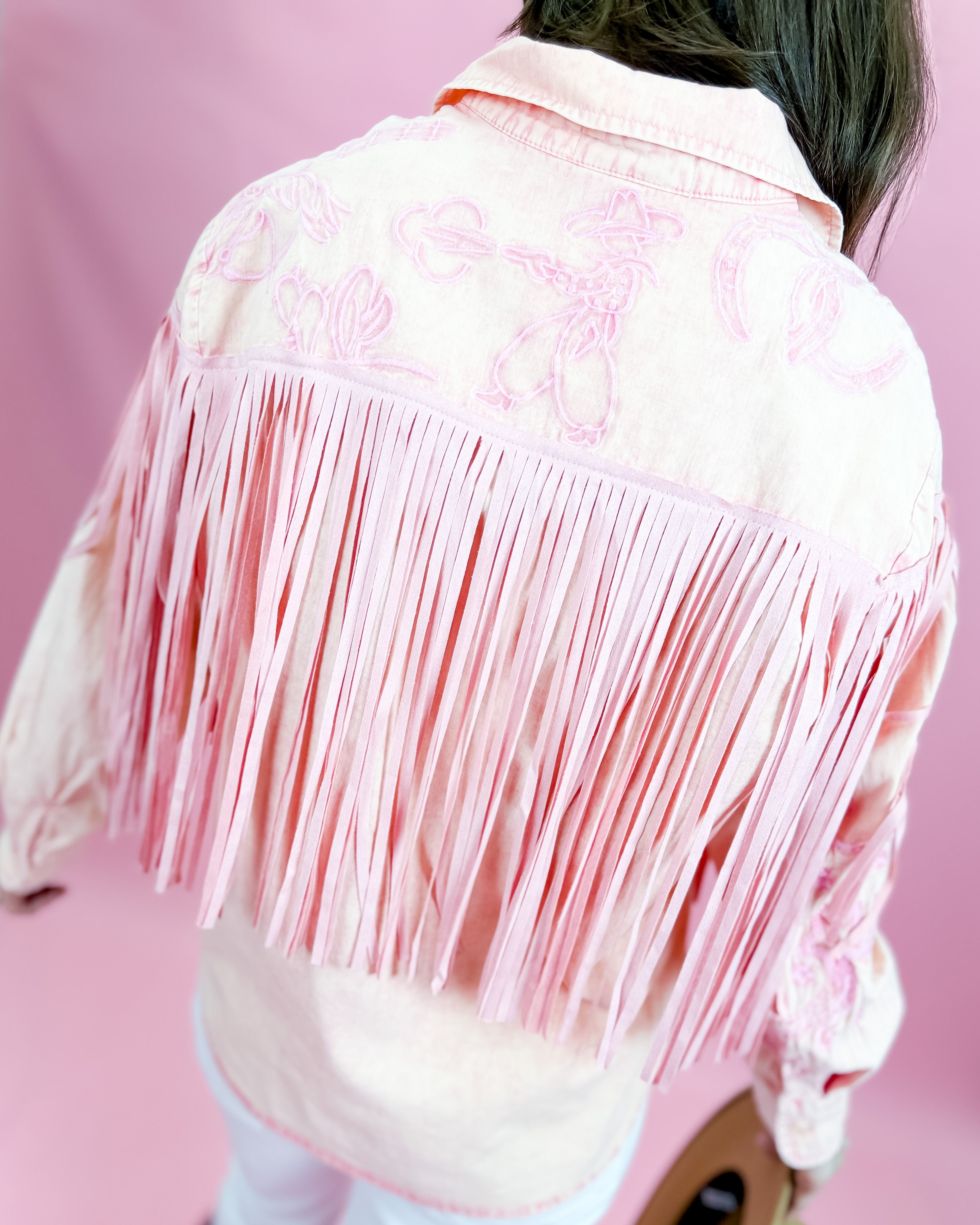 Embroidered Suede Fringe Button Up Shirt