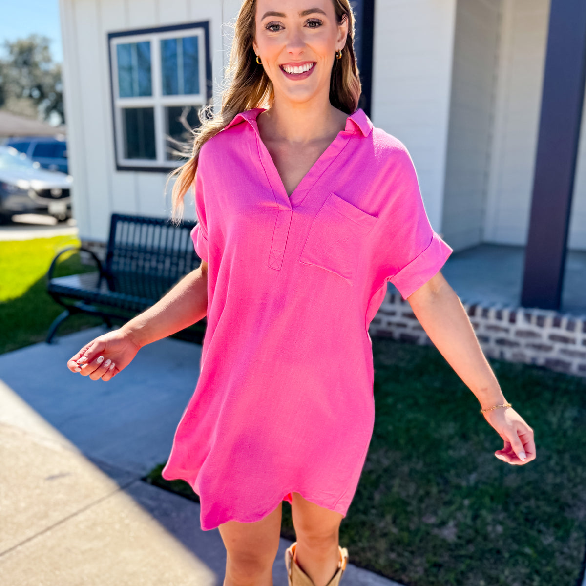 Pink Collared V-Neck Mini Shirt Dress — Gaudie and Company
