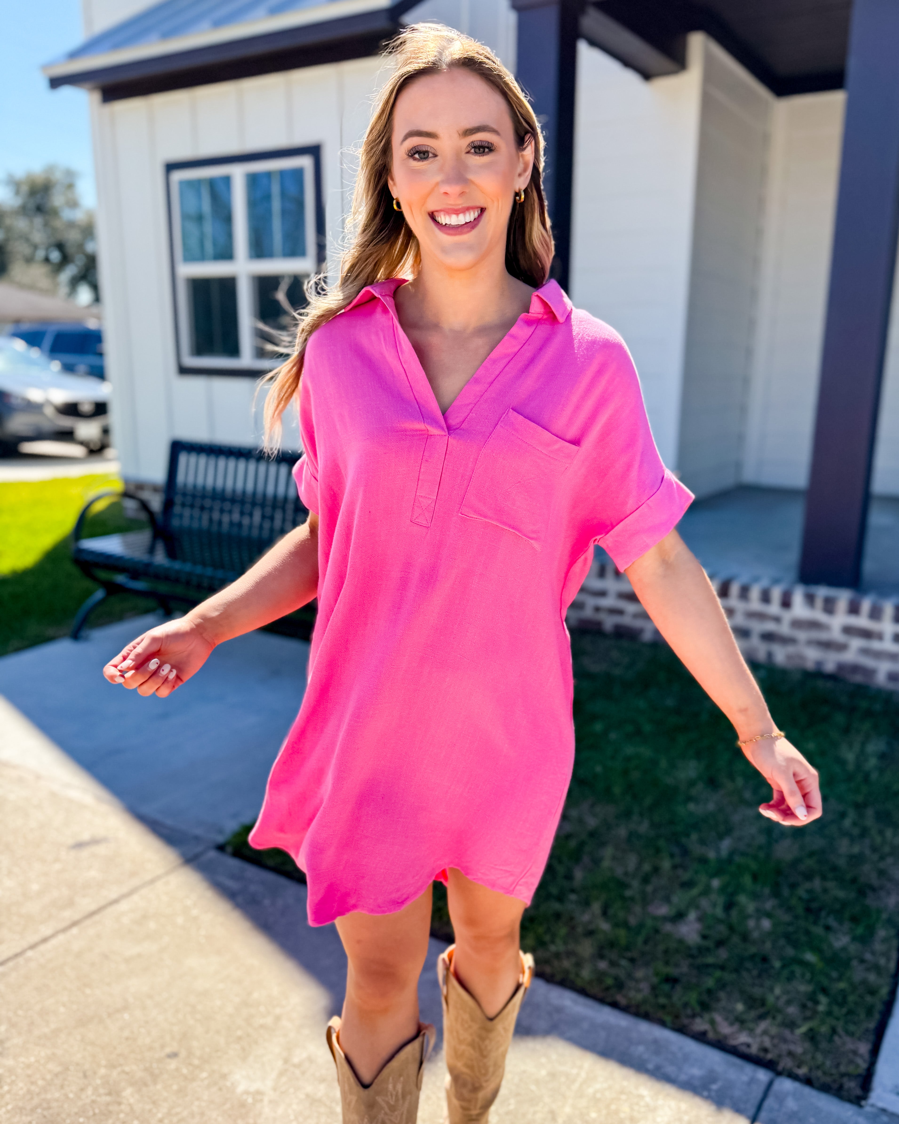 Pink Collared V-Neck Mini Shirt Dress Gaudie and Company Pink Collared V-Neck Mini Shirt Dress Gaudie and Company