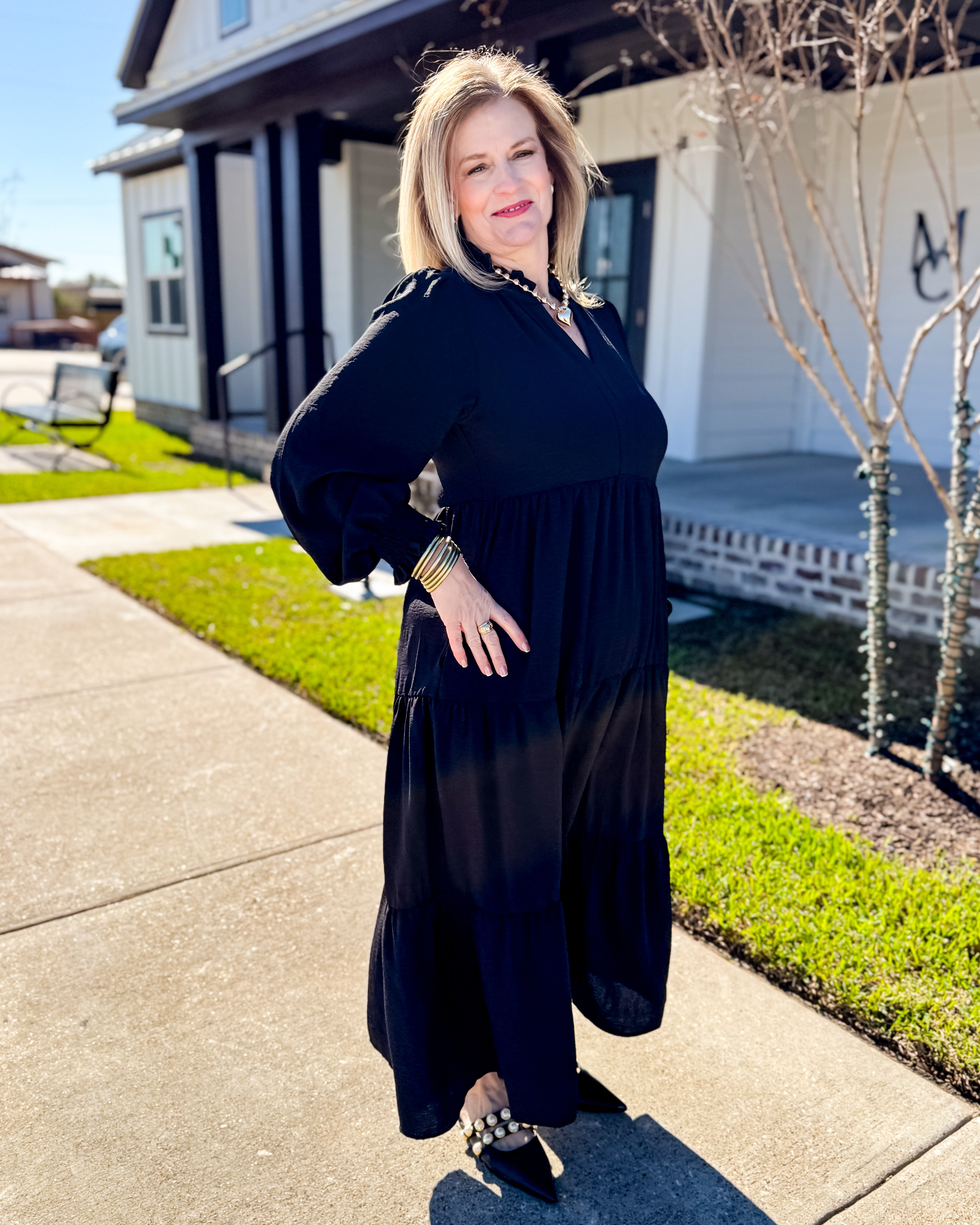 Solid Tiered Layer Midi Dress in Black Gaudie and Company Solid Tiered Layer Midi Dress in Black Gaudie and Company