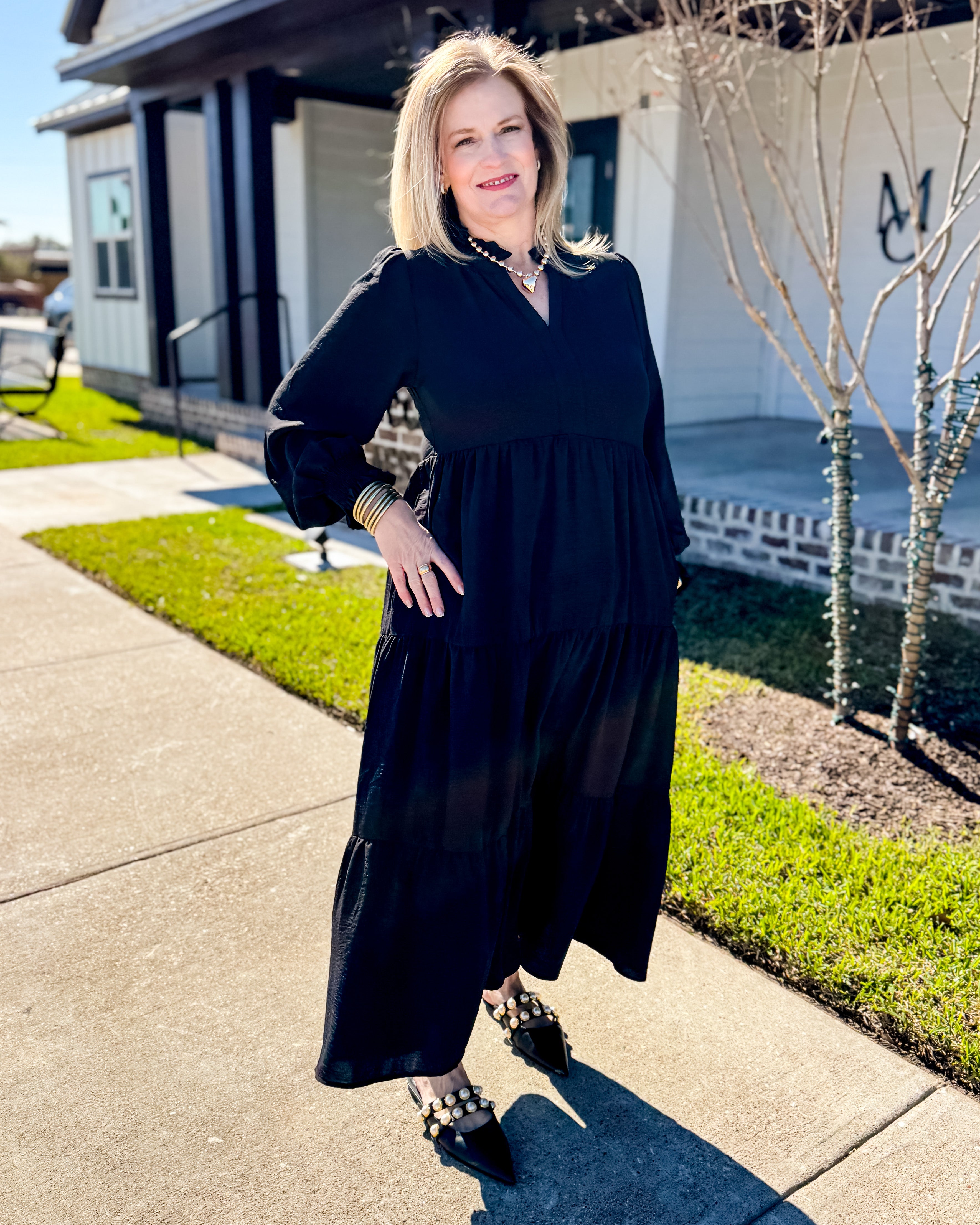Solid Tiered Layer Midi Dress in Black Gaudie and Company Solid Tiered Layer Midi Dress in Black Gaudie and Company