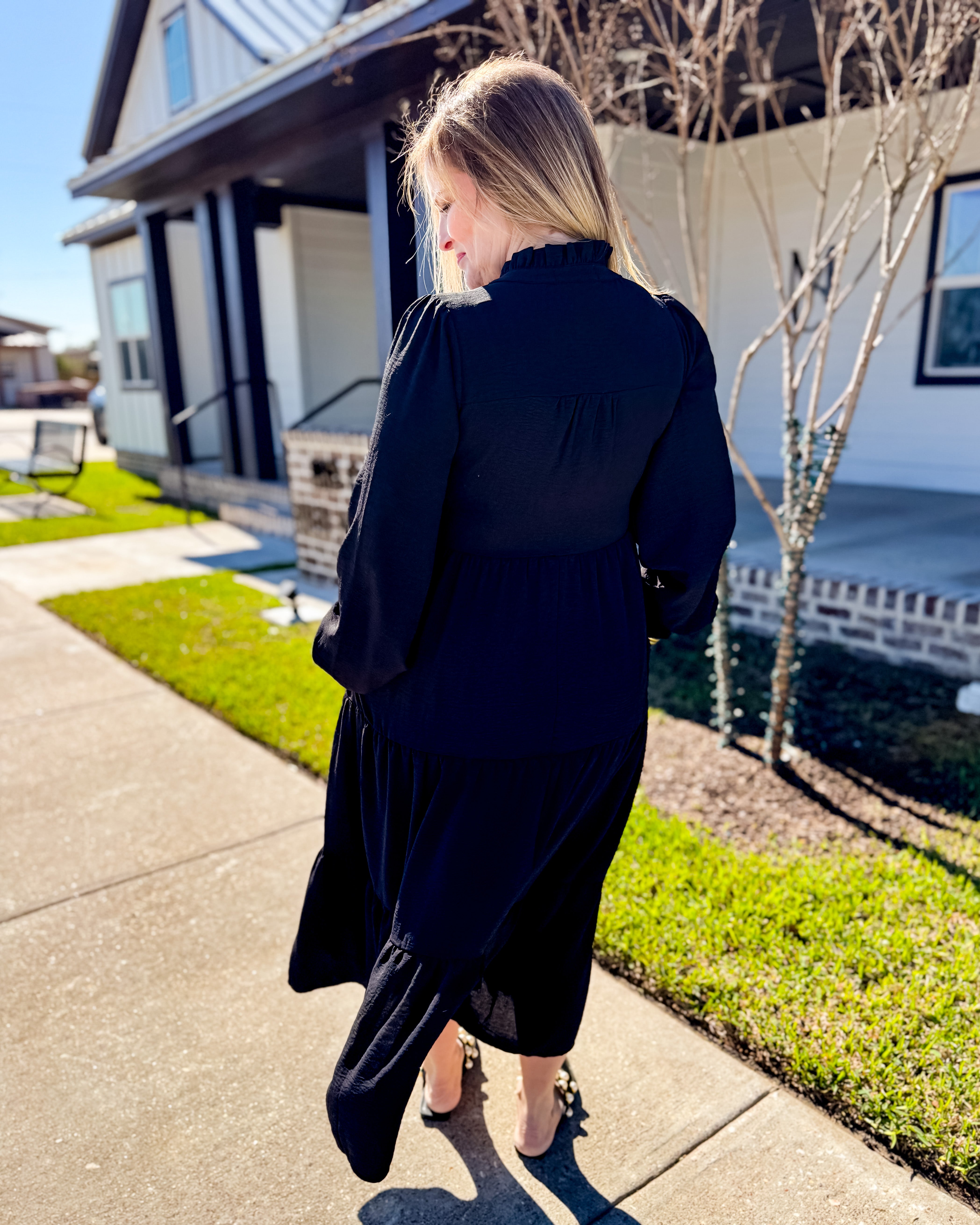 Solid Tiered Layer Midi Dress in Black Gaudie and Company Solid Tiered Layer Midi Dress in Black Gaudie and Company