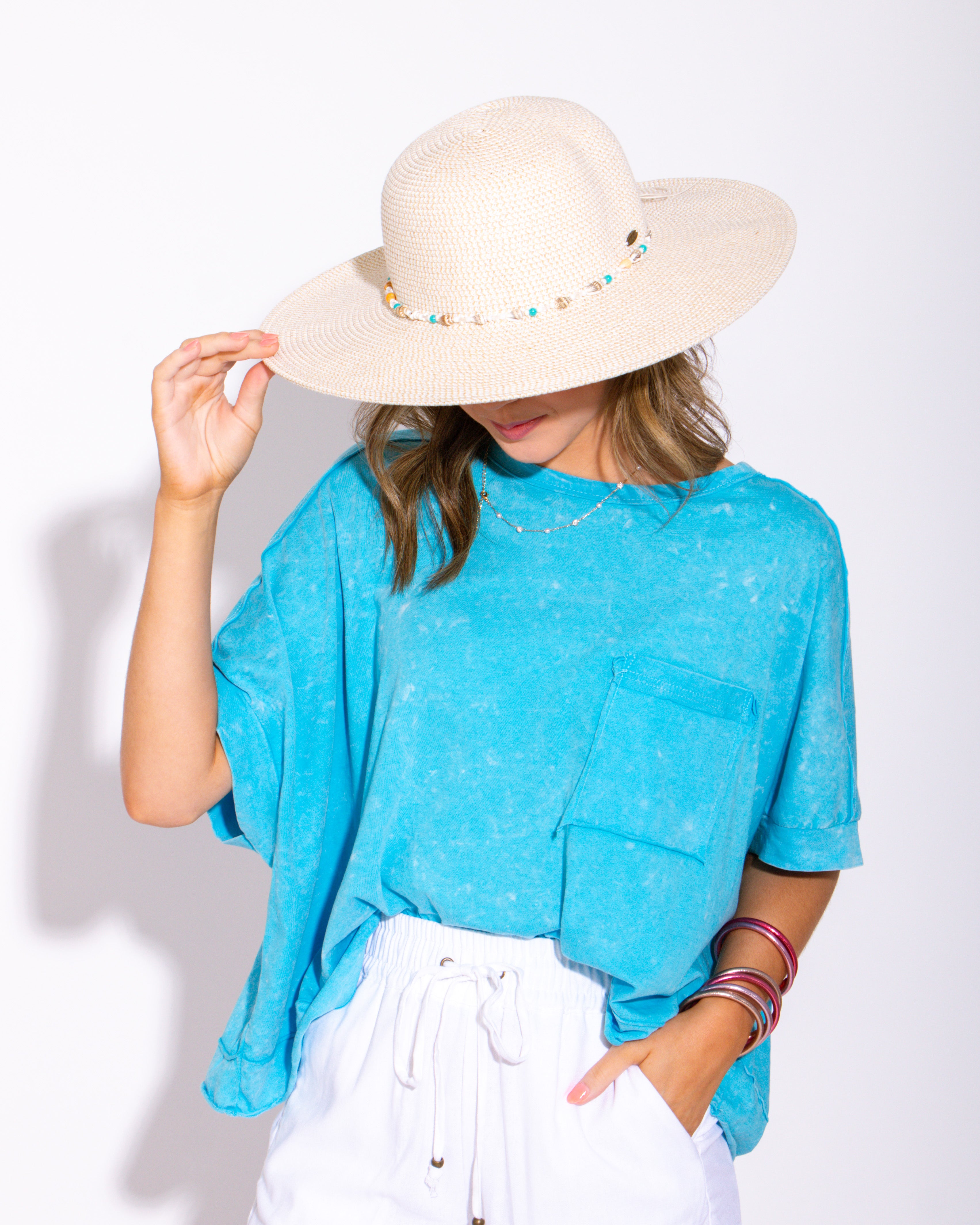 Coastal Breeze Cream Wide Brim Hat with Shell & Bead Detail