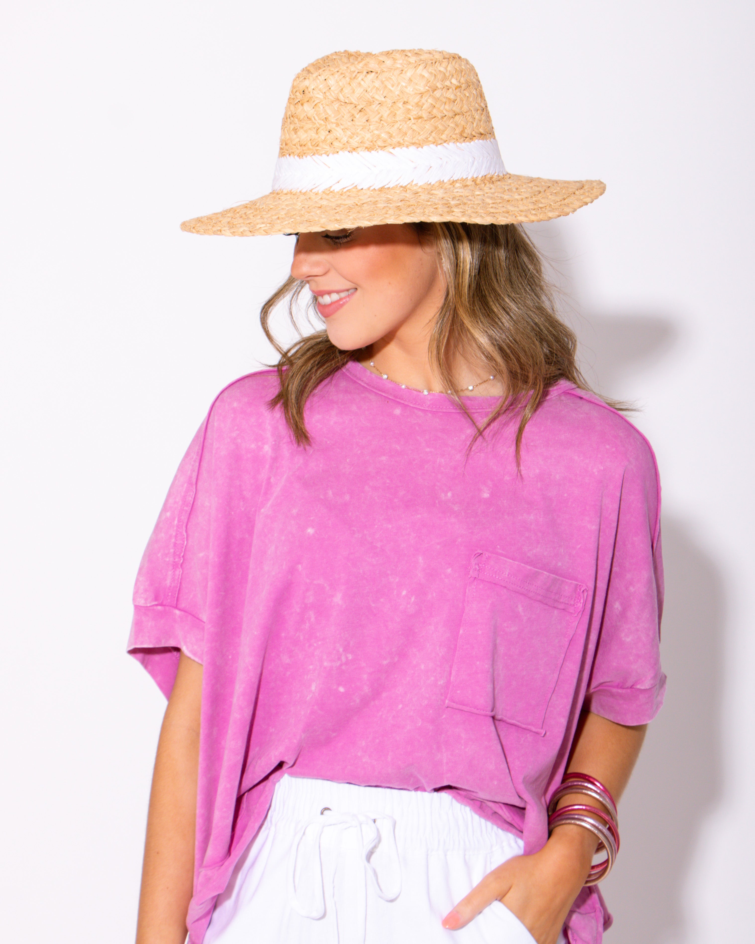 Raffia Panama Hat with White Stitching