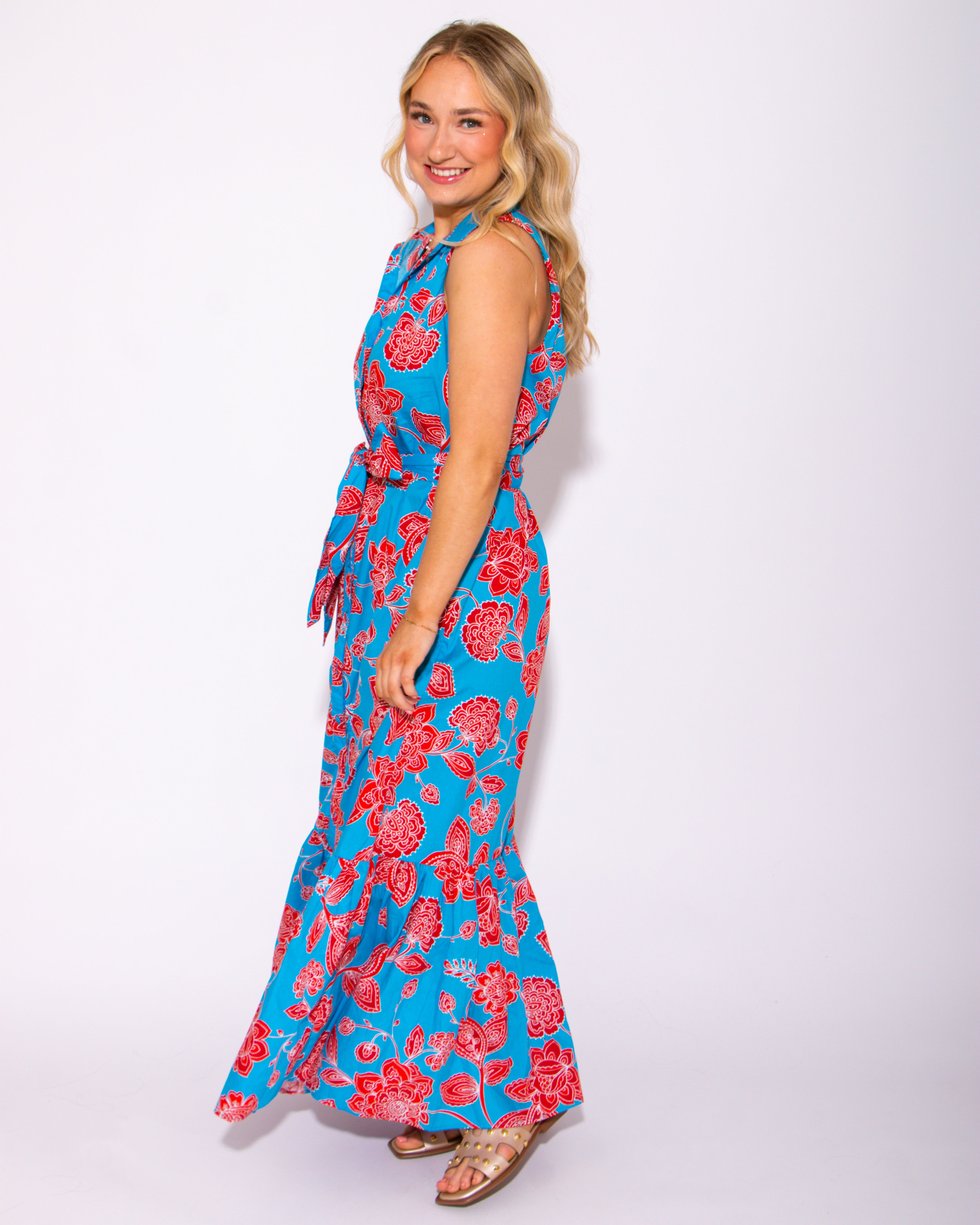 Petal Collared Tie Waist Maxi Dress