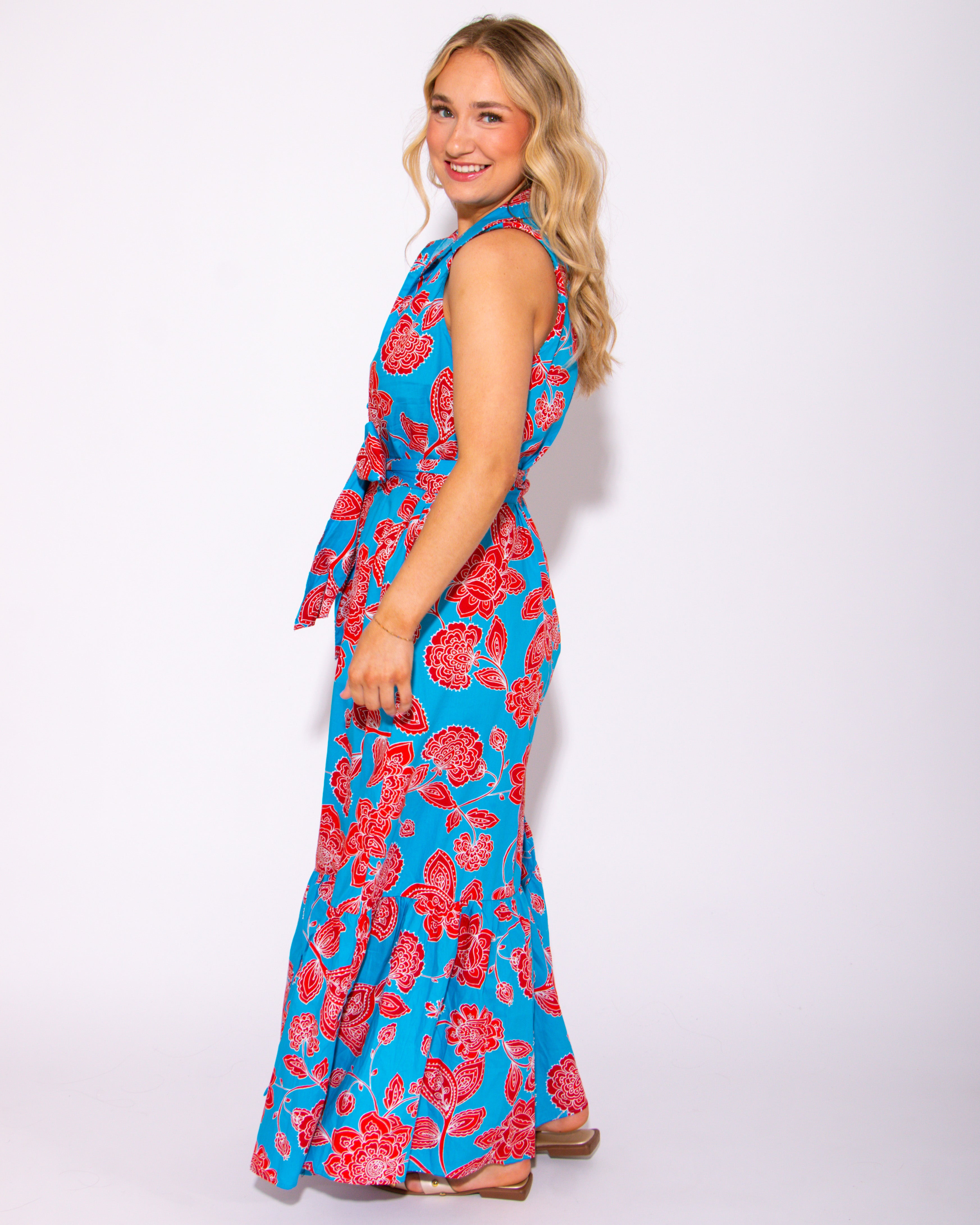 Petal Collared Tie Waist Maxi Dress