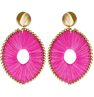 Raffia Oval Dangle Earrings Hot Pink