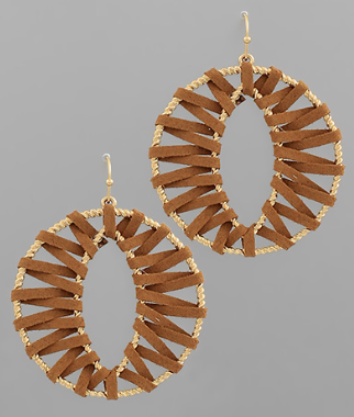 Wrapped Leather Open Round Earrings in Brown