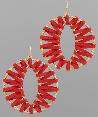 Wrapped Leather Open Round Earrings in Red