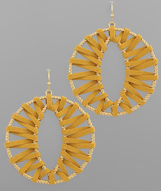 Wrapped Leather Open Round Earrings in Mustard