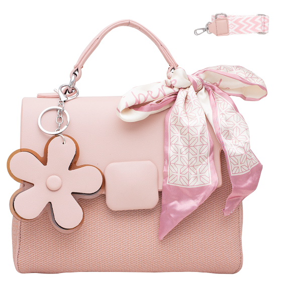 Flower Charm Flap Bag with Guitar Strap in Pink