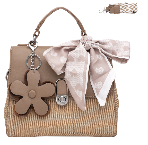 Flower Charm Flap Bag with Guitar Strap in Taupe