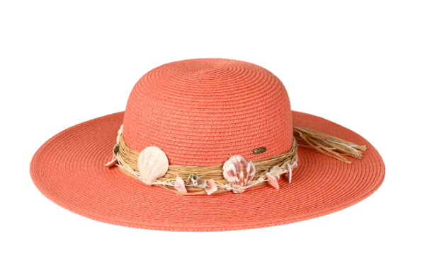 Wide Brim Shell Sun Hat in Coral