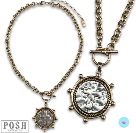 Two Tone Cross Pendant Chain Necklace