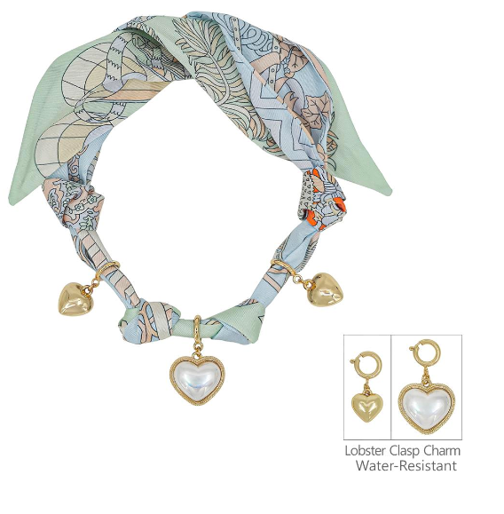 Scarf Necklace With Heart Pearl & Heart Charms