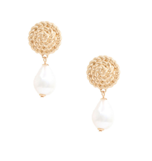 Teardrop Pearl Bead Round Gold Metal Earring
