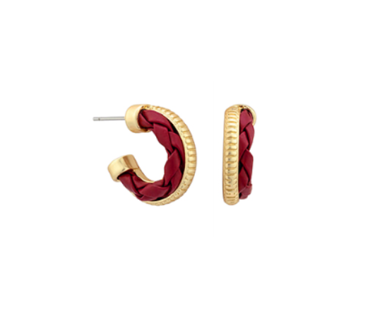 Twist Leather & Metal Hoops in Maroon