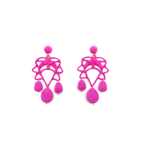 Cord and Rattan Lotus Drop Earrings - Hot Pink