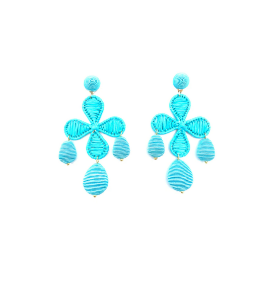 Cord and Rattan Quatrefoil Drop Earring in Turquoise