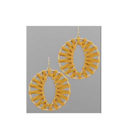 Wrapped Leather Open Round Earrings in Mustard