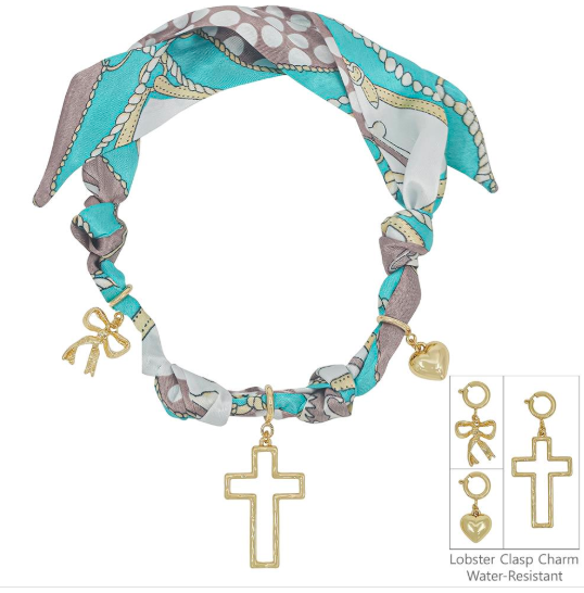 Blue Scarf Necklace with Cross Heart Ribbon Charm