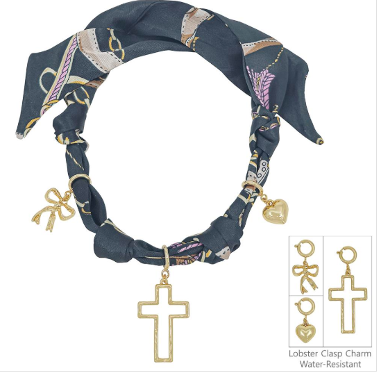 Black Scarf Necklace with Cross Heart Ribbon Charm