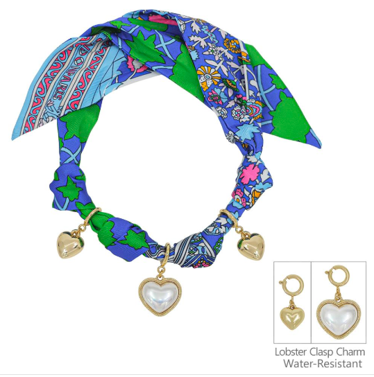 Blue/Green Scarf Necklace With Heart Pearl & Heart Charms