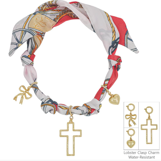 Red Scarf Necklace with Cross Heart Ribbon Charm