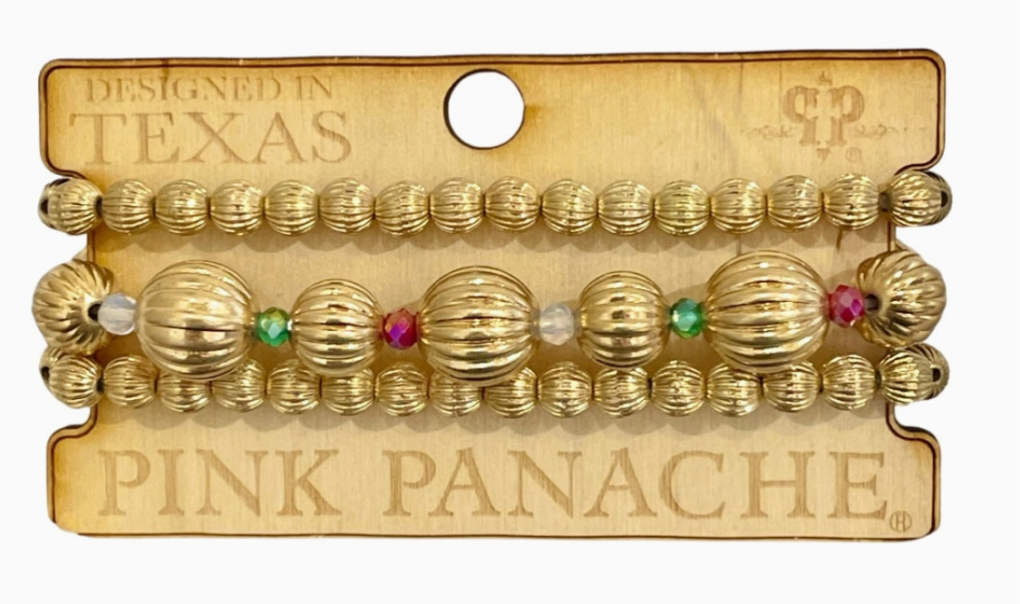 Gold Fluted Christmas Color Bead Bracelet Set