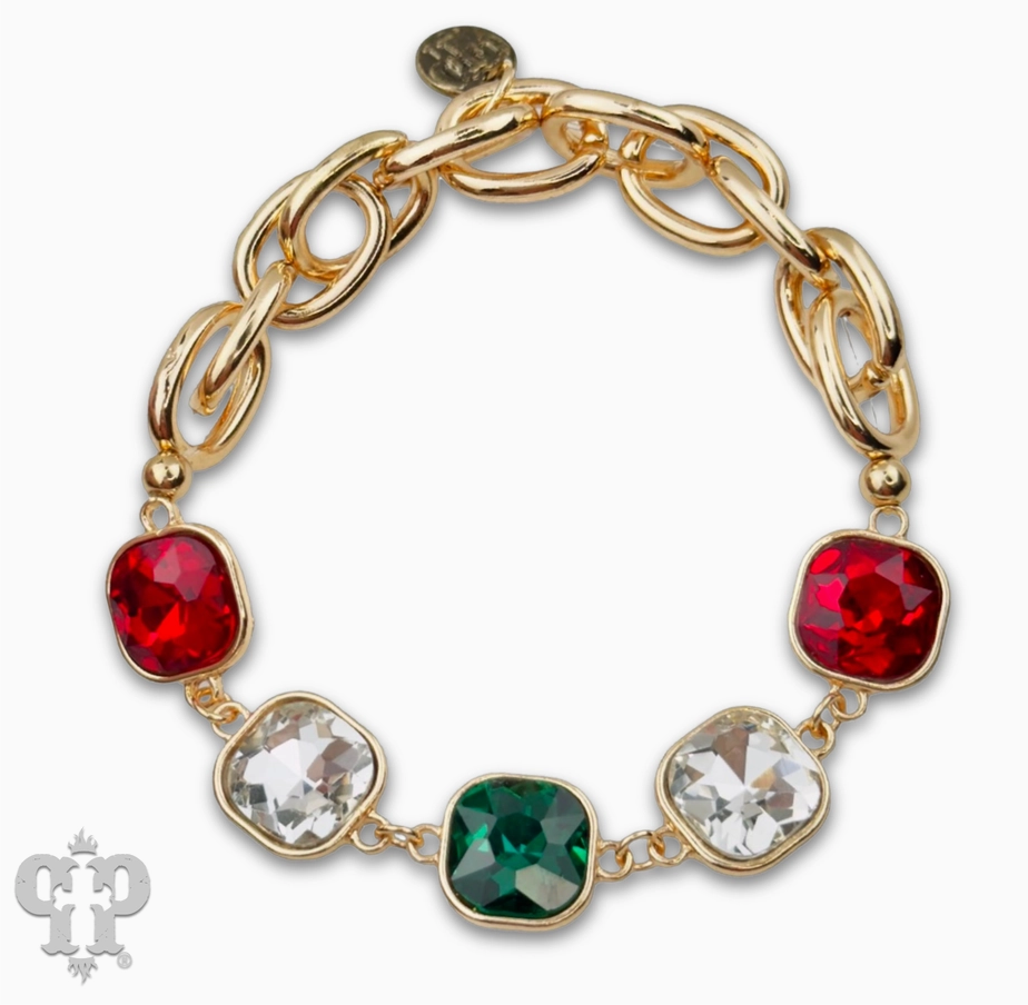 Square Multi-Color Rhinestone and Stretch Gold Tone Curvy Bracelet