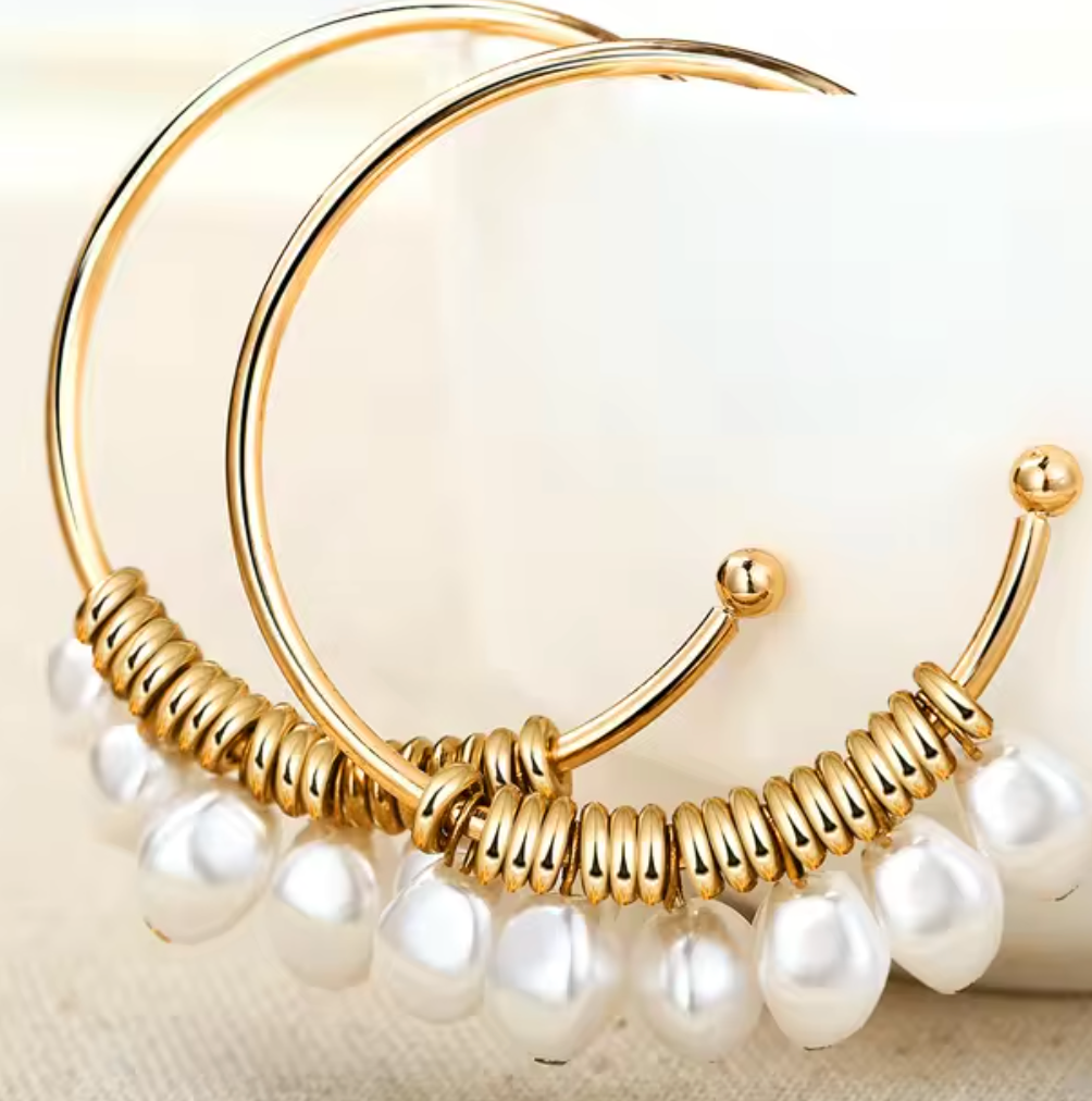 Gold Hoops with Pearl Dangles