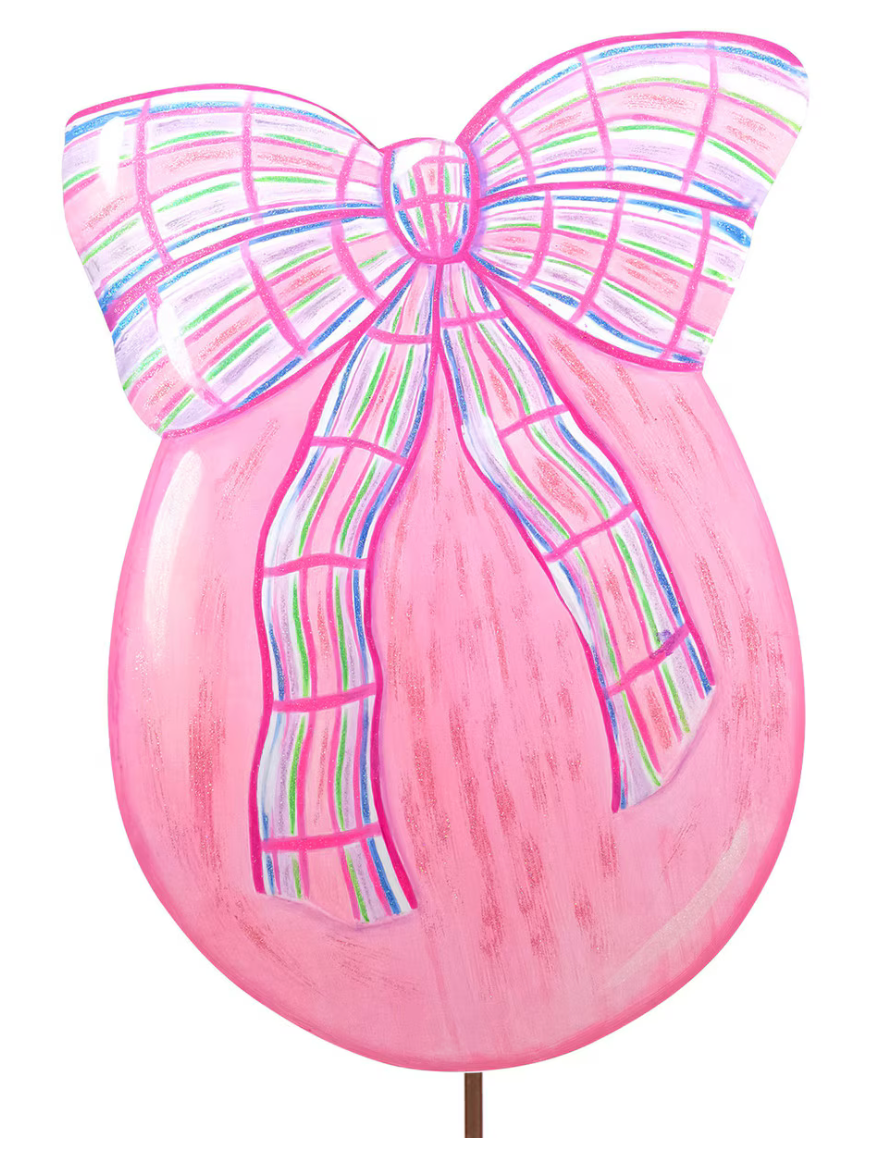Pink Egg with Plaid Bow Yard Stake