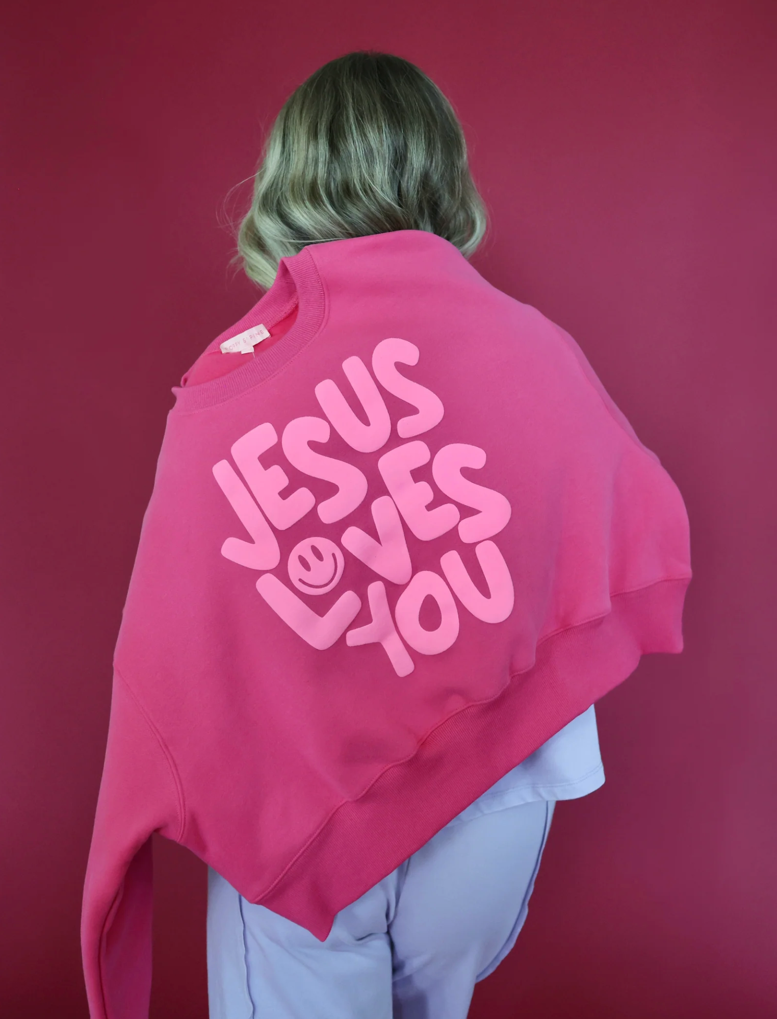Smiley Jesus Loves You Puff Pink Crop Sweatshirt