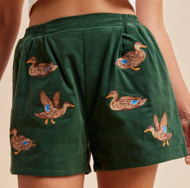 Mallard Duck Embroidery Corduroy Shorts