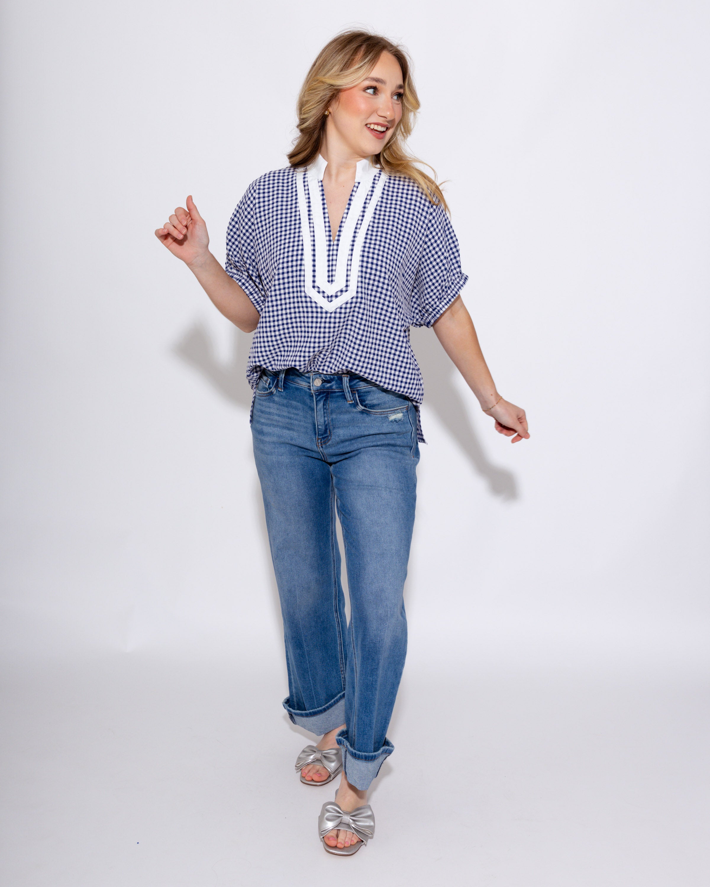 Timeless Gingham Contrast Top in Navy