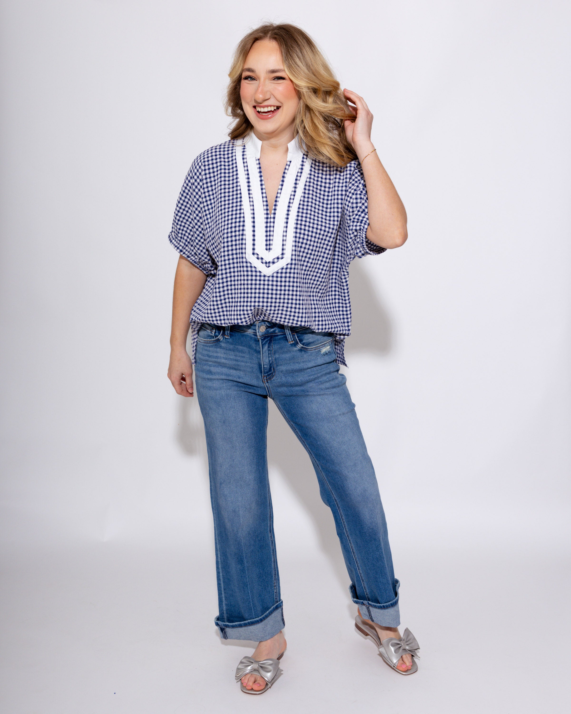 Timeless Gingham Contrast Top in Navy