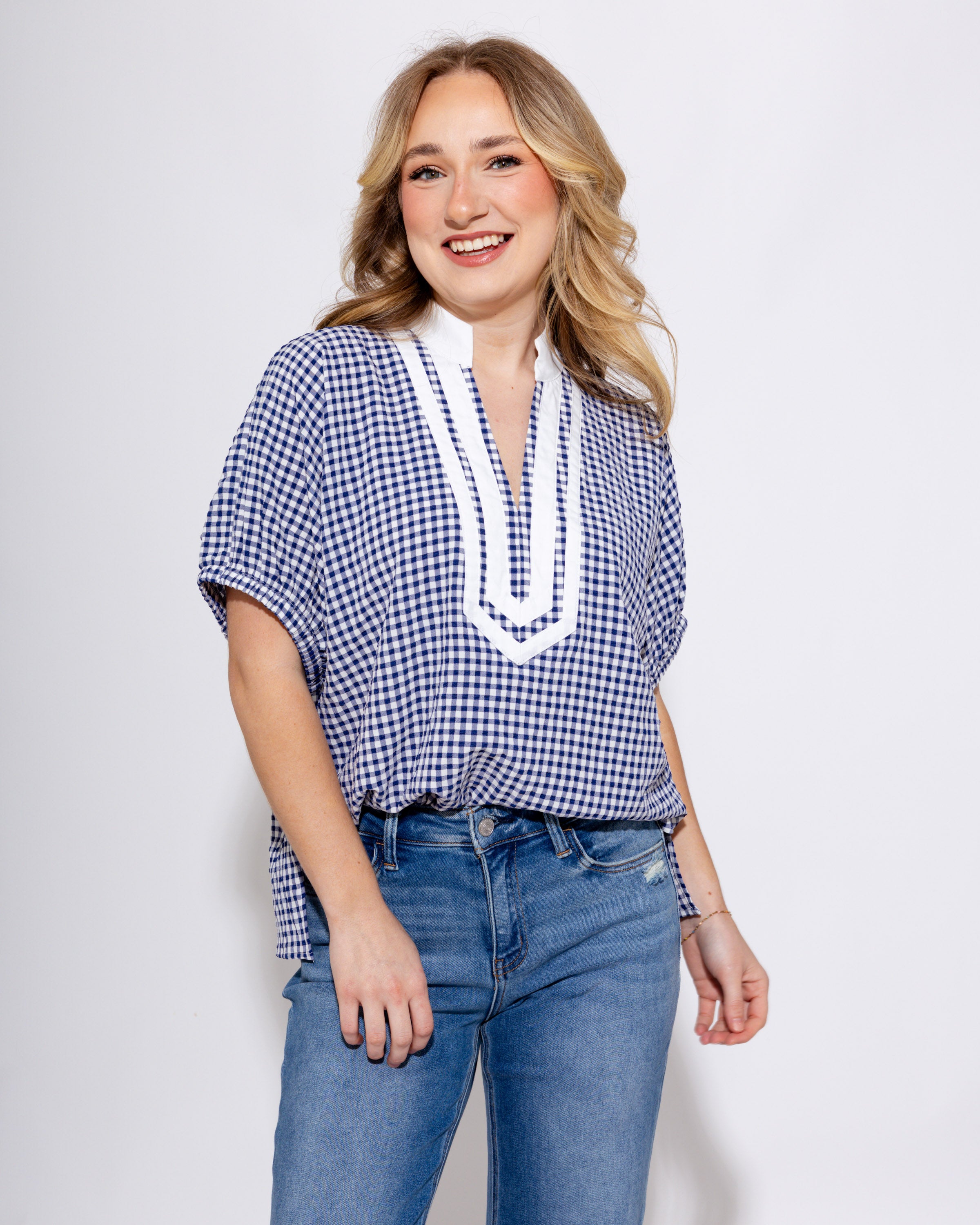Timeless Gingham Contrast Top in Navy