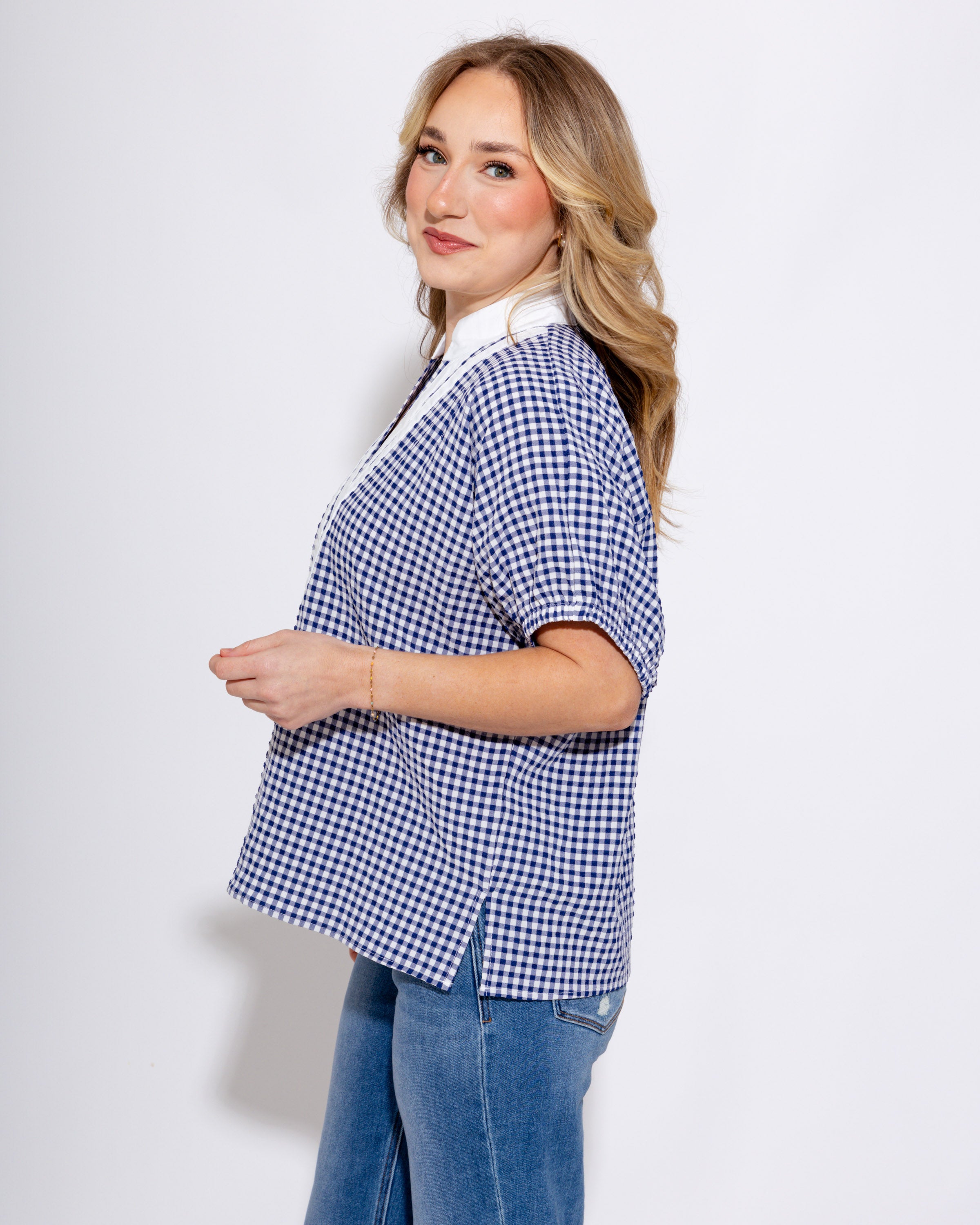 Timeless Gingham Contrast Top in Navy